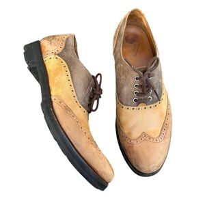 John Fluevog Multi-Tone Leather Oxfords mens size 9.5. Brown and tan